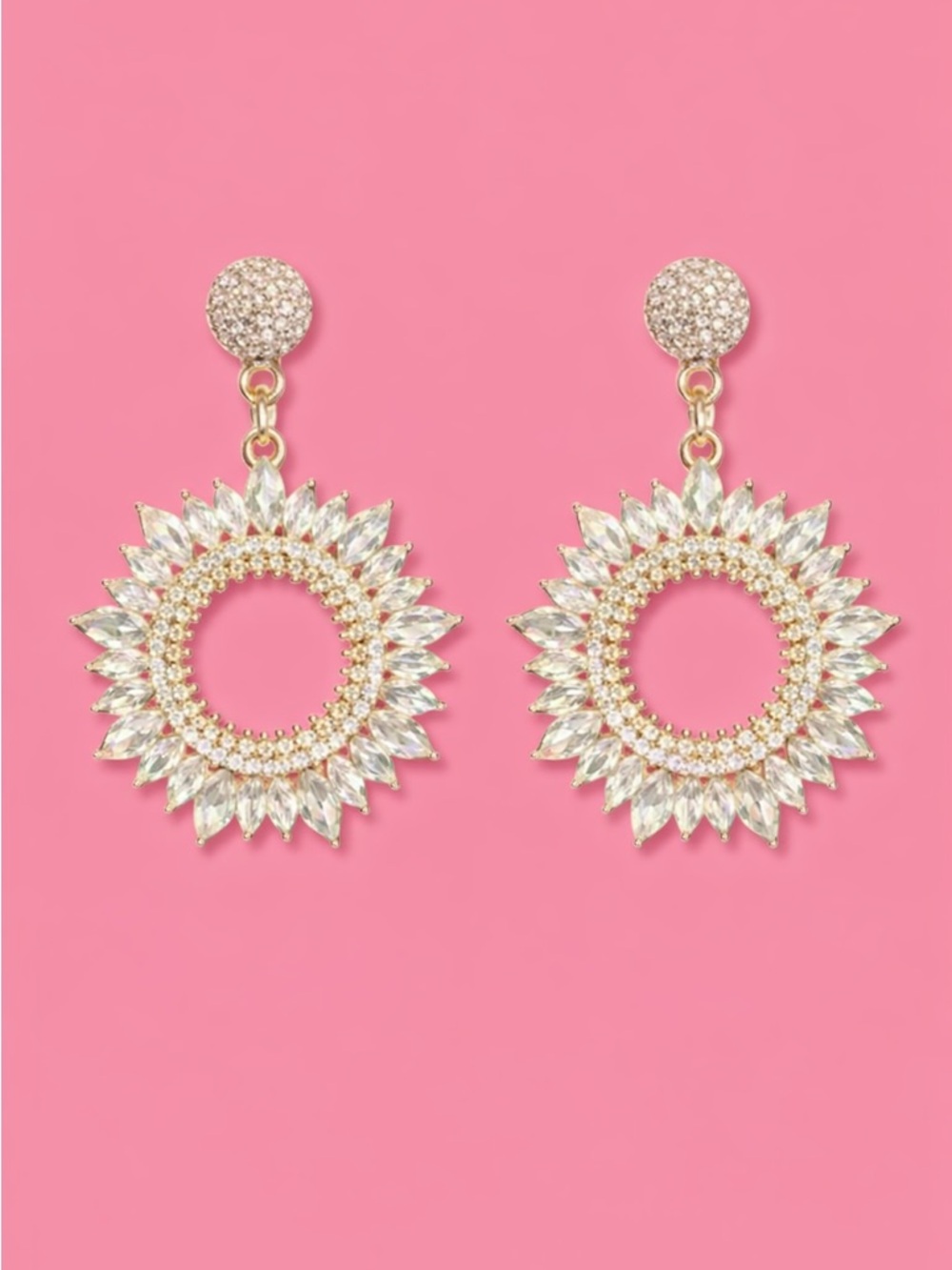 POL Gold Crystal Sunburst Drop Earrings Statement Glam NEW